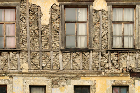 Facade of an old half-timbered, timber framed, truss house in Trabzon, Turkey 2022の写真素材