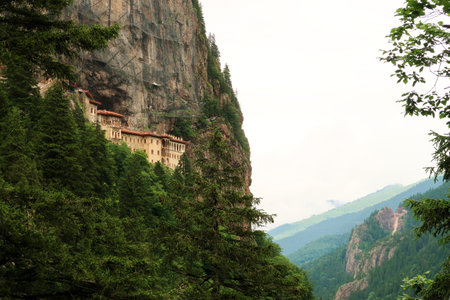 Picturesque view from the Aya Varvara Church, Kilisesi onto the Sumela, Sの写真素材