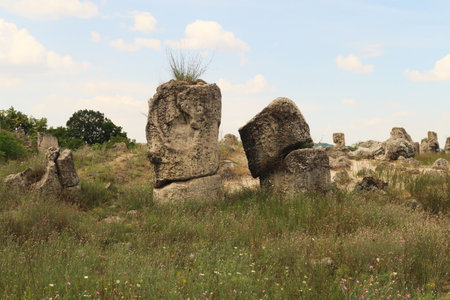 Two of the stone pillars at the Pobiti Kamani Stone Forest, one of them in the shape of a head, near...