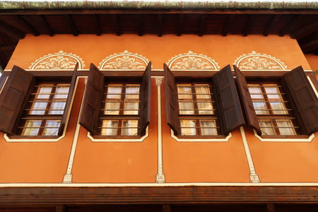 Row of windows on the facade of the Balabanov House, an example of National Revival Architecture in the old town of Plovdiv, Plovdiv, Bulgaria 2022の写真素材