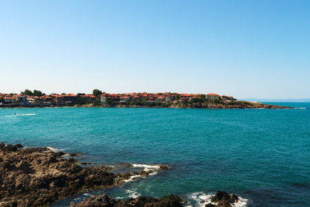 Spectacular view onto the peninsula of the old town of Sozopol, Sozopol, surrounded by the intense...