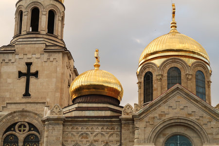 Upper facade, roof, cupolas, bell tower of the Dormition of the Mother of God Cathedral in Varna, Bulgaria 2022の写真素材