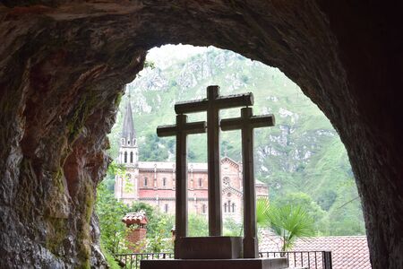 view of the Basilica of Covadonga from the cave, Covadonga, Asturias, Spainの写真素材