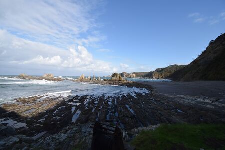 view of Gueirua Beach, Cudillero, Asturiasの写真素材