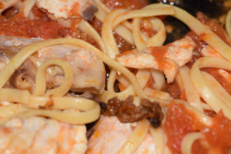 noodles with tomato sauce and bonitoの写真素材