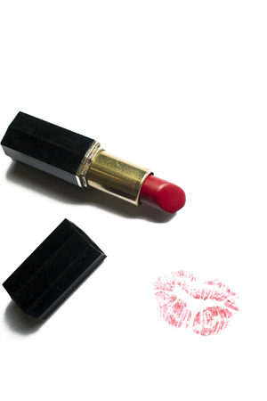 Red lipstick and lipstick kiss on white backgroundの写真素材