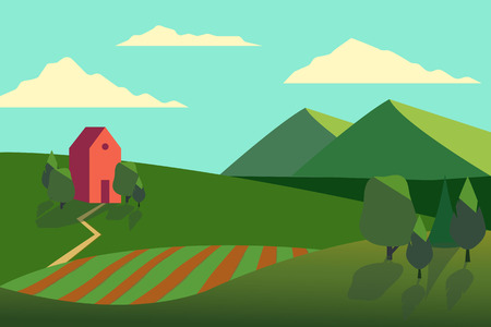 Vector illustration of fields landscape with a green hills, blue sky, farmhouse and forest in flat styleのイラスト素材
