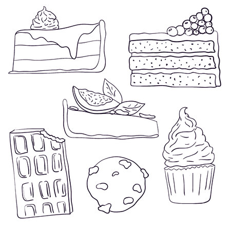 Hand drawn sweet cakes slices set vector illustration. Doodle illustration. Cake pieces, chocolate,...