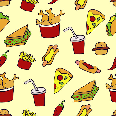Doodle illustration of fast food. Seamless pattern with junk food. Hand drawn vector illustration made in cartoon style. Hamburger, hot-dog, french fries, sandwich.のイラスト素材