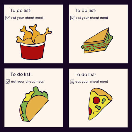 Doodle illustration of fast food. Junk food. Eat your cheat meal. Hand drawn vector illustration made in cartoon styleのイラスト素材