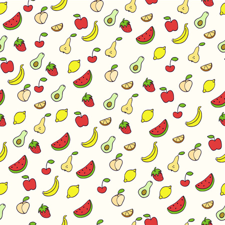 Doodle illustration of fruits. Seamless pattern with fruits. Hand drawn vector illustration made in cartoon style. Apple, banana, watermelon, peach, strawberry, pear, lemonのイラスト素材