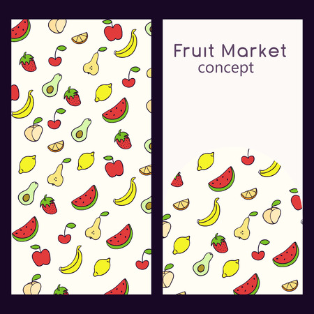 Vector logo design template and seamless pattern in doodle style for packaging. Fruit market concept. Vector illustrationのイラスト素材