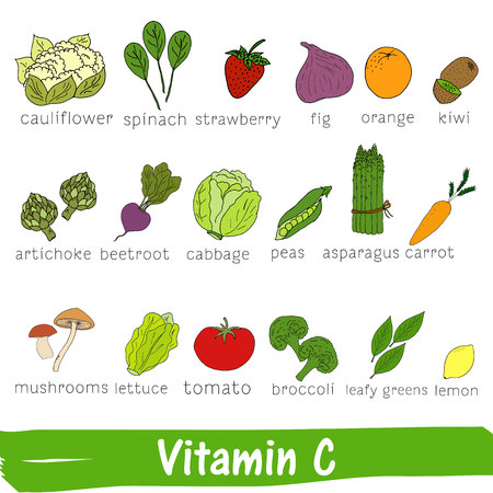 Vegetables and fruits with a high content of Vitamin C. Hand drawn vitamin setのイラスト素材