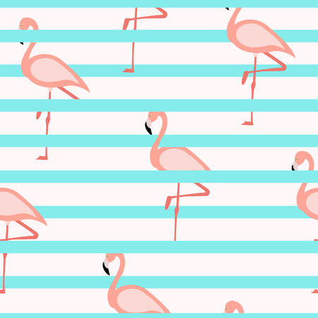 Tropical flamingo pattern. Seamless flamingo pattern with stripesのイラスト素材
