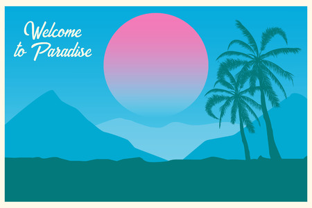 Tropical landscape. Postcard Welcome to paradise Summer background. Palm trees silhouette. Vector illustration.のイラスト素材