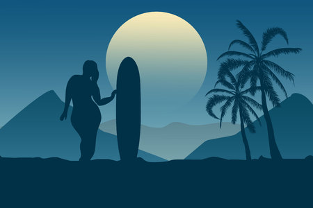 Tropical landscape. Sea landscape. Summer background. Girl with surfing board Flat style illustration Palm trees silhouette Vector illustrationのイラスト素材