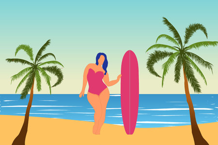 Tropical landscape. Sea landscape Summer background Girl with surfing board Flat style illustration. Palm trees. Vector illustrationのイラスト素材