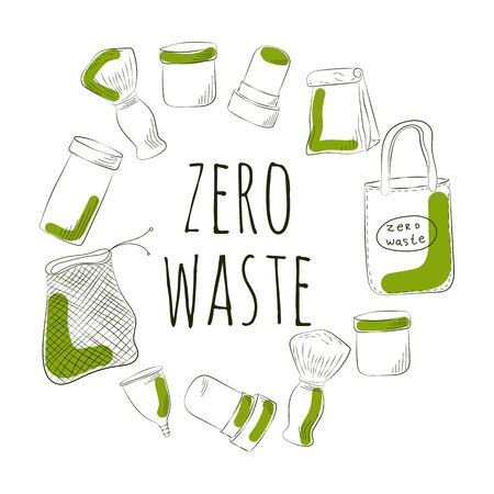 Zero Waste Concept. Hand drawn elements of zero waste life. Vector illustration.のイラスト素材