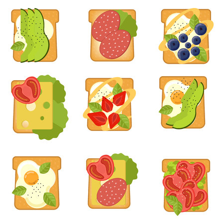 Set of sandwiches with different ingredients. Toast with avocado, salami, cheese, salmon, berries, strawberry, fig Healthy food Vector illustration.のイラスト素材