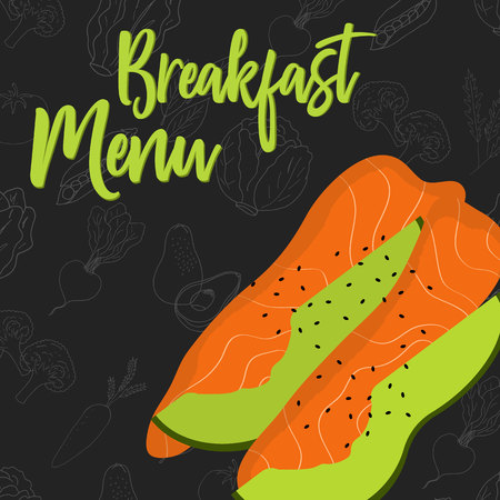 Menu concept for restaurant and cafe. Breakfast menu template. Flat style sandwich. Vector Illustration with hand drawn fruits and vegetables. Vector Illustrationのイラスト素材