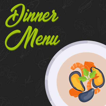 Menu concept for restaurant and cafe. Dinner menu template. Flat style soup. Vector Illustration with hand drawn fruits and vegetables. Vector Illustrationのイラスト素材