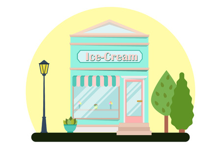 Vector modern ice-cream cafe detailed facade in flat style. Vector illustration.のイラスト素材