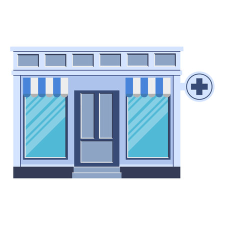 Vector modern drugstore detailed facade in flat style. Vector illustration. Flat style illustrationのイラスト素材