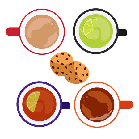 Set of traditional beverage food in flat style. Tea, green tea, coffee and cacao. Vector illustration.のイラスト素材