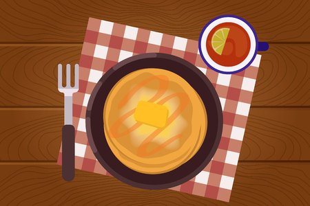 Set of breakfast food on wooden surface background in flat design style. Breakfast time. Vector illustration.のイラスト素材