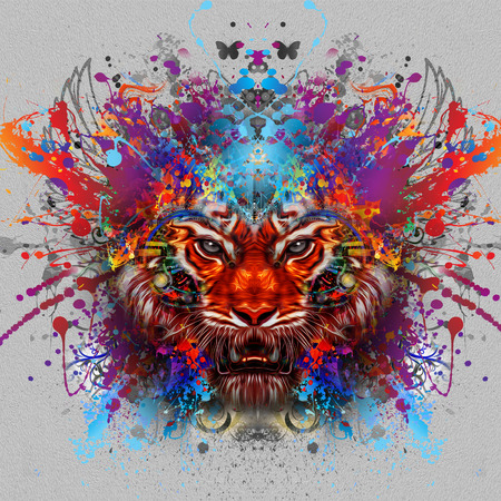 Colorful illustration of tiger head on abstract backgroundの写真素材