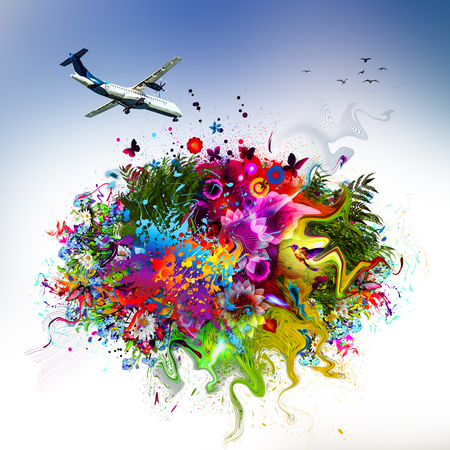Trip concept illustration. Plane and abstract flowers with butterfliesの写真素材
