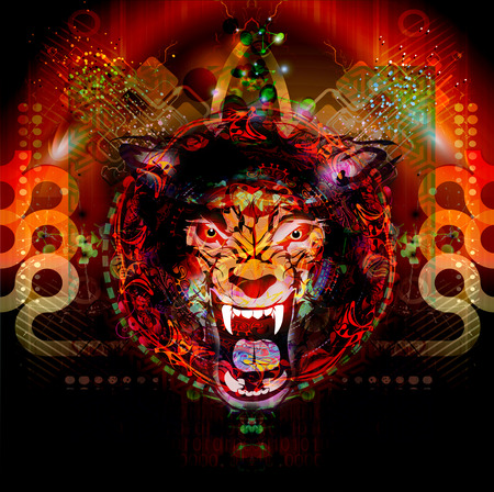 Colorful art or decor painting with lion muzzleの写真素材