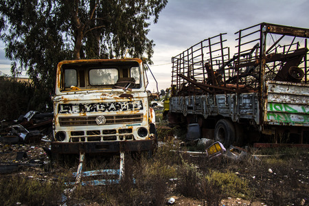 Pile of discarded cars on junkyardのeditorial素材