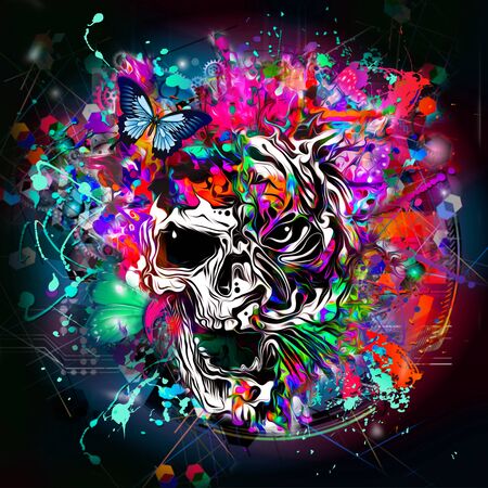 Skull and tiger on colored backgroundの写真素材