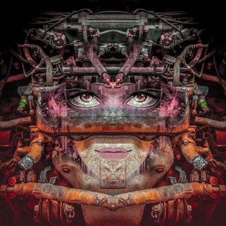 future tech background - cyberpunk womanの写真素材