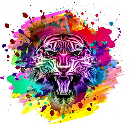 Angry tiger   with colorful abstract splatters on white backgroundの写真素材