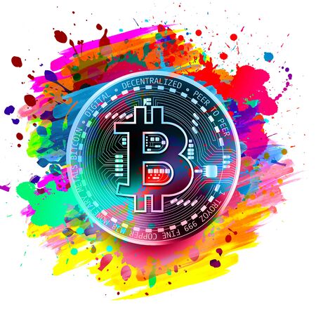 Colored Bitcoin  with colorful abstract splatters on white backgroundの写真素材