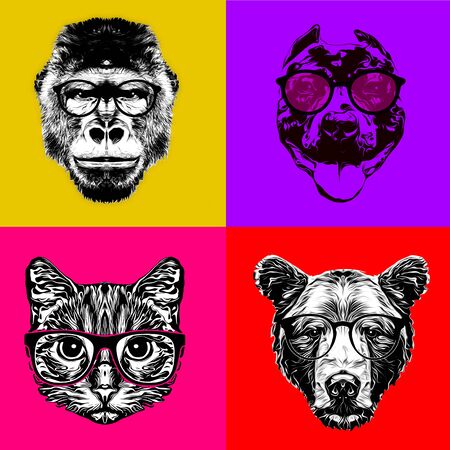 artistic animals' muzzles in eyeglasses on bright background