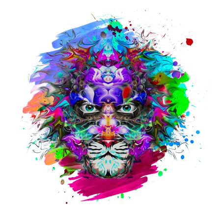 grunge background with graffiti and painted lionの写真素材