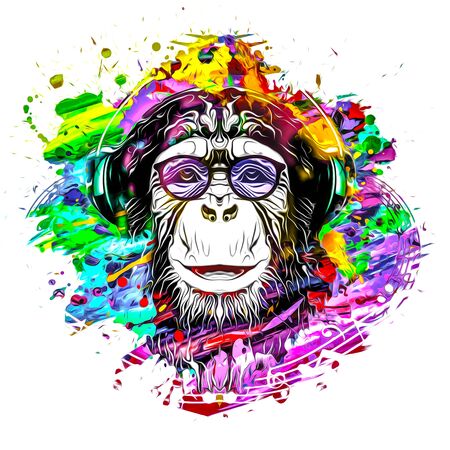 colorful artistic monkey muzzle in eyeglasses with colorful paint splatters on white background.の写真素材