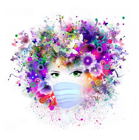 Quarantine and woman face with mask in springの写真素材
