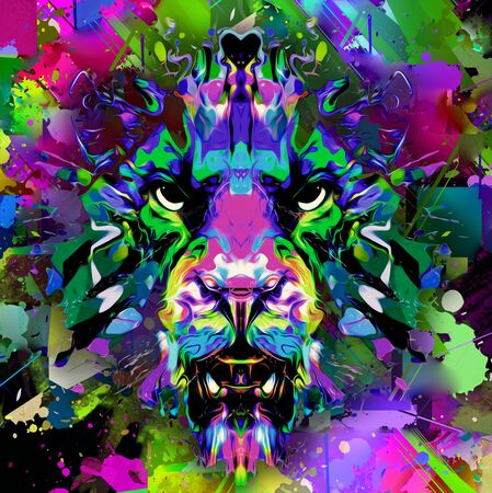 grunge background with graffiti and painted lionの写真素材