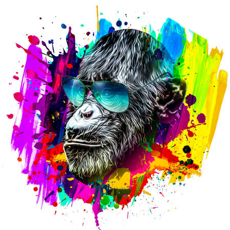 Colorful artistic monkey in eyeglasses with colorful paint splatters on white backgroun
