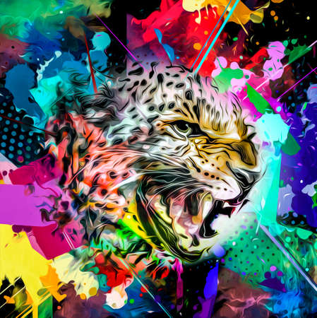 Bright abstract colorful background with tiger, paint splashesの写真素材