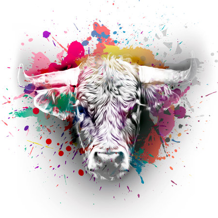 bull illustration with colorful splashesの写真素材