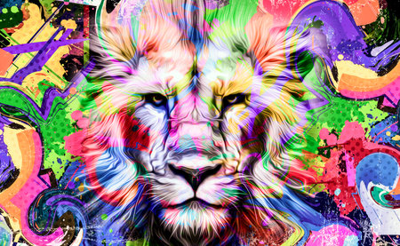 lion head in colorful graffiti paintの写真素材