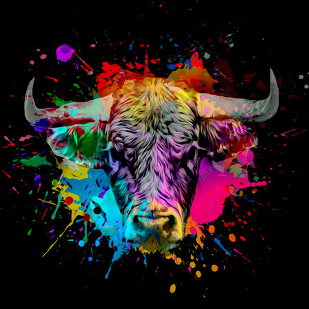bull in colorful paint splashes on black backgroundの写真素材
