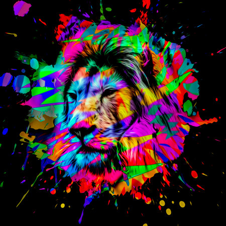 lion head in colorful paint splashesの写真素材