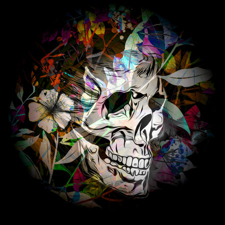 abstract colored skull with paint splashes isolated on black backgroundの写真素材