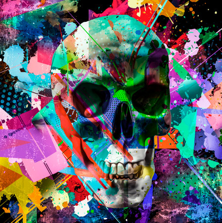 abstract colored skull with paint splashes isolated on black background 3d rendeの写真素材